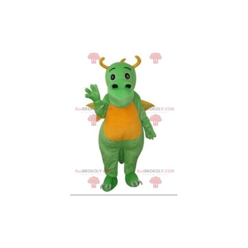 Mascotte de dragon vert et jaune, costume de dinosaure -