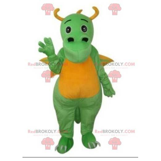 Green and yellow dragon mascot, dinosaur costume -