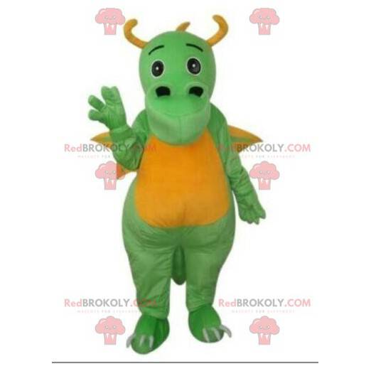 Mascota dragón verde y amarillo, disfraz de dinosaurio -