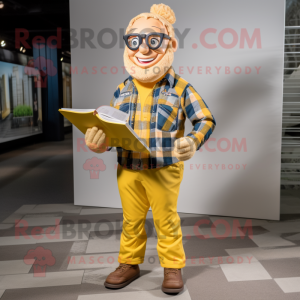 Yellow Trapeze Artist mascot costume character dressed with a Flannel Shirt and Reading glasses