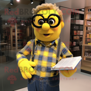 Yellow Trapeze Artist mascot costume character dressed with a Flannel Shirt and Reading glasses