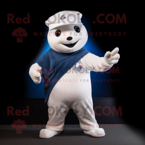 White Ermine mascot costume character dressed with a Jeans and Caps