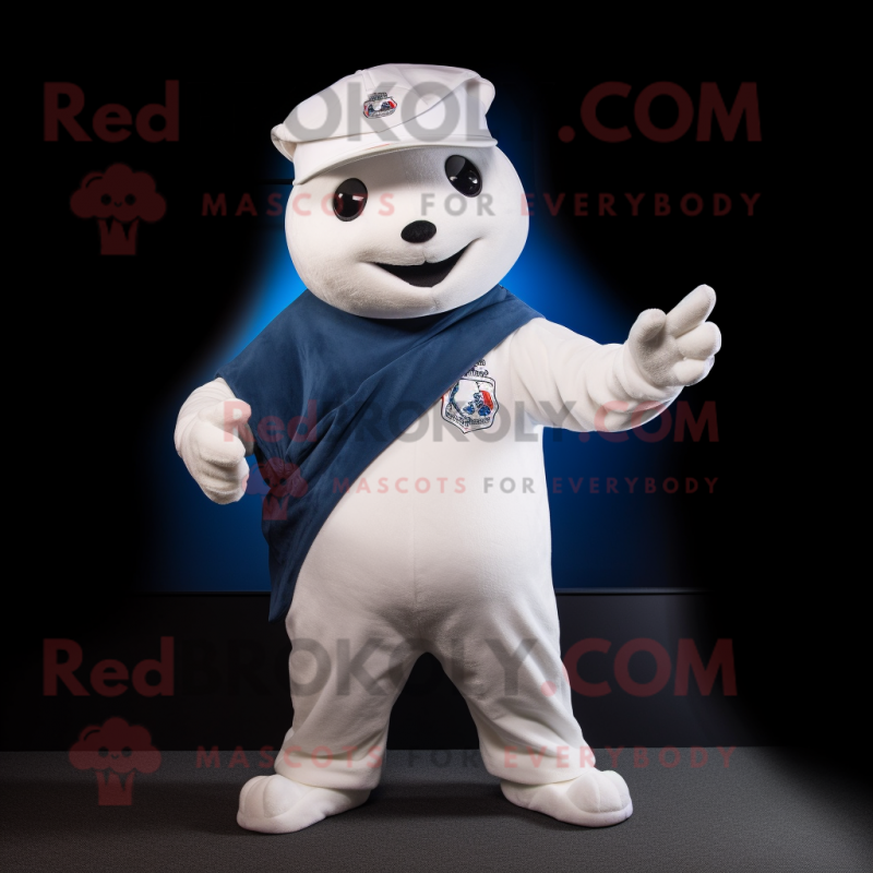 White Ermine mascot costume character dressed with a Jeans and Caps White Ermine mascot costume character dressed with a Jeans and Caps