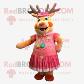 Peach Elk mascot costume character dressed with a Dress and Coin purses