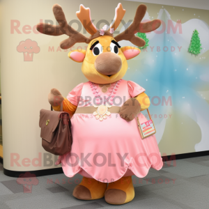 Peach Elk mascot costume character dressed with a Dress and Coin purses