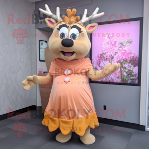 Peach Elk mascot costume character dressed with a Dress and Coin purses