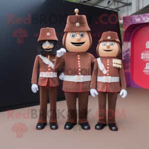 Brown British Royal Guard mascot costume character dressed with a Mom Jeans and Belts