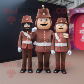 Brown British Royal Guard mascot costume character dressed with a Mom Jeans and Belts