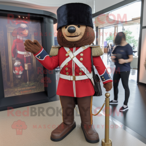 Brown British Royal Guard mascot costume character dressed with a Mom Jeans and Belts