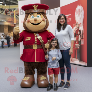 Brown British Royal Guard mascot costume character dressed with a Mom Jeans and Belts