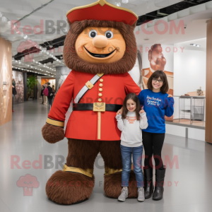 Brown British Royal Guard mascot costume character dressed with a Mom Jeans and Belts