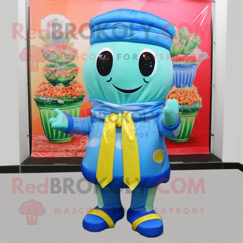Sky Blue Pot Of Gold mascot costume character dressed with a Bermuda Shorts and Scarves