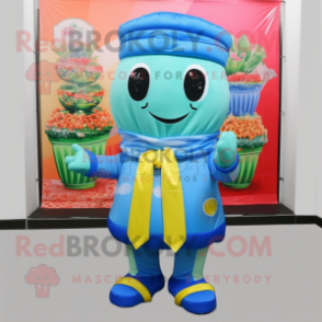 Sky Blue Pot Of Gold mascot costume character dressed with a Bermuda Shorts and Scarves