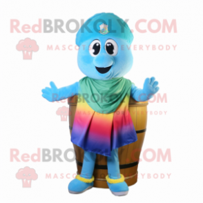 Sky Blue Pot Of Gold mascot costume character dressed with a Bermuda Shorts and Scarves