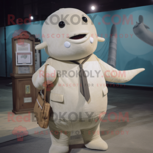Beige Narwhal mascot costume character dressed with a Coat and Suspenders