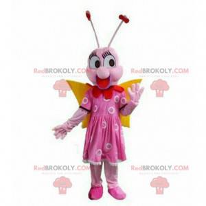 Pink butterfly mascot, flying insect costume, pink -