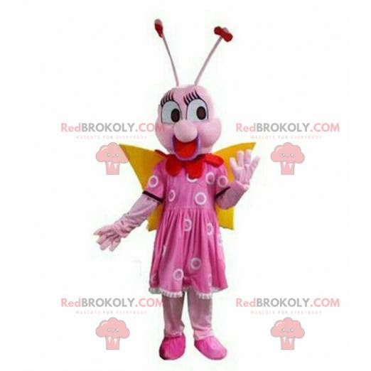 Pink butterfly mascot, flying insect costume, pink -