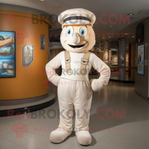 Cream Contortionist mascot costume character dressed with a Overalls and Hats