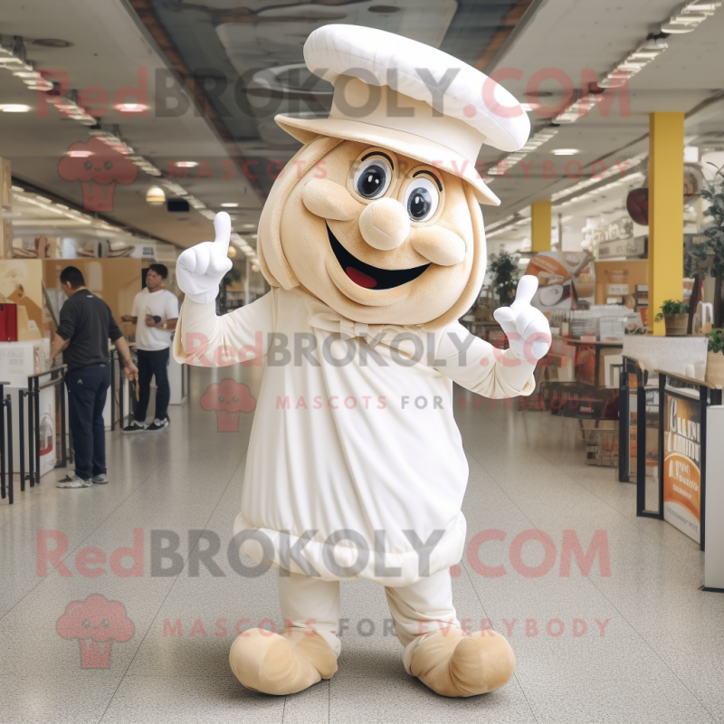 Cream Contortionist mascot costume character dressed with a Overalls and Hats