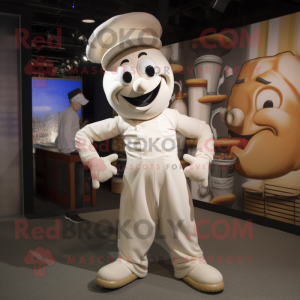Cream Contortionist mascot costume character dressed with a Overalls and Hats