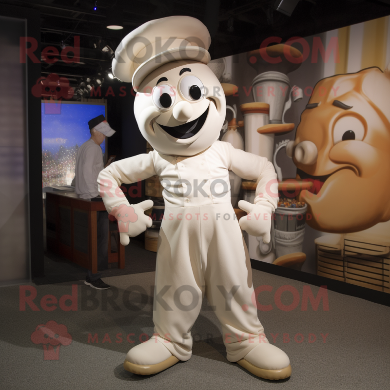 Cream Contortionist mascot costume character dressed with a Overalls and Hats Cream Contortionist mascot costume character dressed with a Overalls and Hats