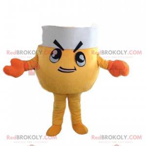 Mascote caranguejo amarelo com chapéu de chef e fantasia de