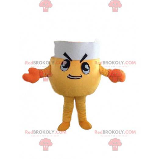 Mascote caranguejo amarelo com chapéu de chef e fantasia de