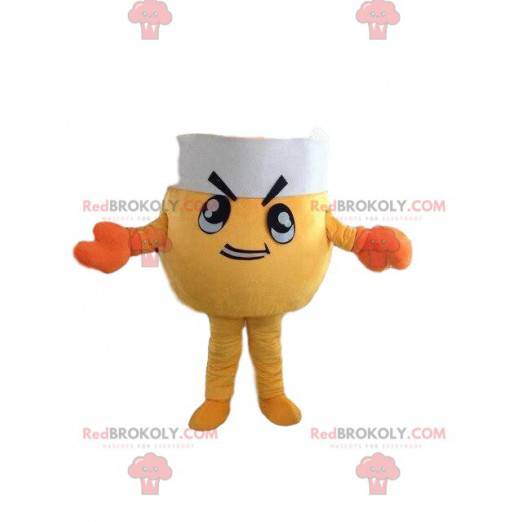 Mascote caranguejo amarelo com chapéu de chef e fantasia de