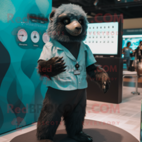 Teal Sloth Bear mascot costume character dressed with a Dress Pants and Digital watches