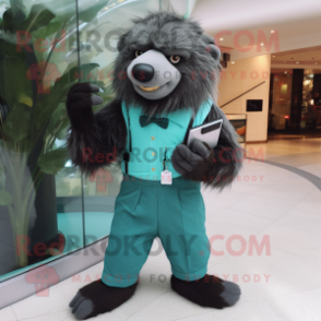 Teal Sloth Bear mascot costume character dressed with a Dress Pants and Digital watches