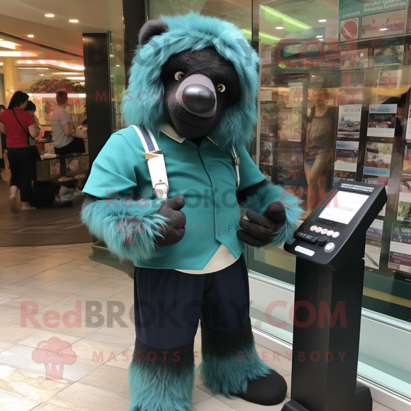 Teal Sloth Bear mascot costume character dressed with a Dress Pants and Digital watches