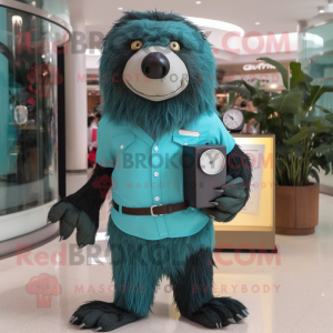 Teal Sloth Bear mascot costume character dressed with a Dress Pants and Digital watches