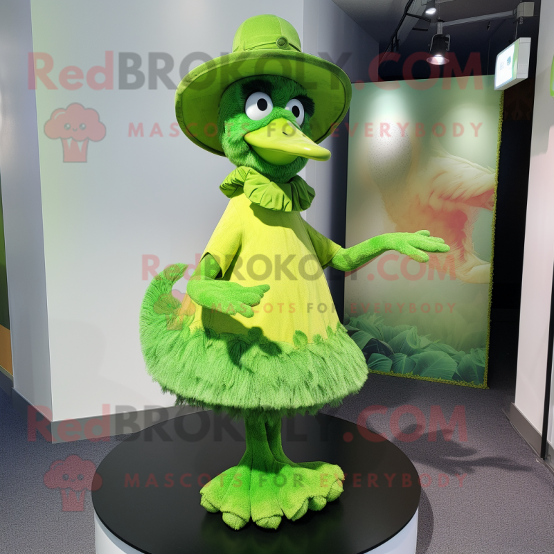 Lime Green Dodo Bird mascot costume character dressed with a Skirt and Hat pins