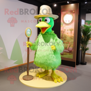Lime Green Dodo Bird mascot costume character dressed with a Skirt and Hat pins