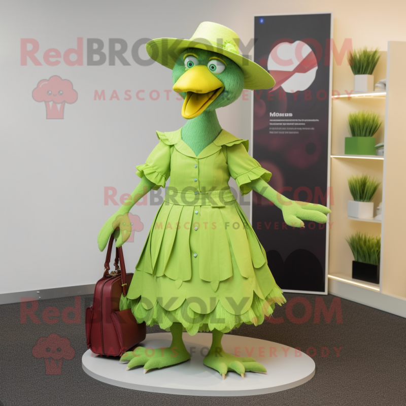 Lime Green Dodo Bird mascot costume character dressed with a Skirt and Hat pins