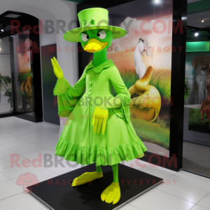 Lime Green Dodo Bird mascot costume character dressed with a Skirt and Hat pins