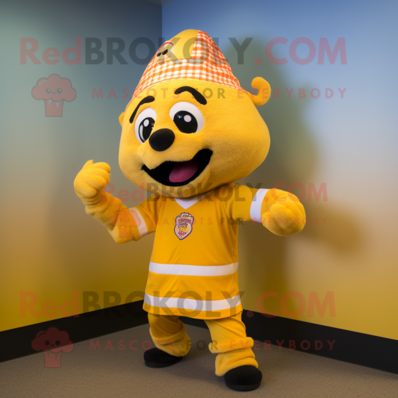 Yellow Fire Eater mascot costume character dressed with a Baseball Tee and Scarves