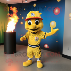 Yellow Fire Eater mascot costume character dressed with a Baseball Tee and Scarves