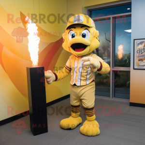 Yellow Fire Eater mascot costume character dressed with a Baseball Tee and Scarves