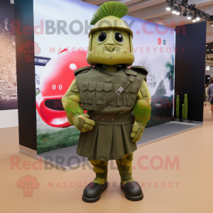 Olive Spartan Soldier mascot costume character dressed with a Pleated Skirt and Lapel pins