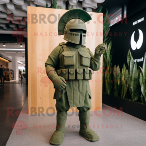 Olive Spartan Soldier mascot costume character dressed with a Pleated Skirt and Lapel pins