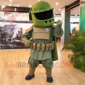 Olive Spartan Soldier mascot costume character dressed with a Pleated Skirt and Lapel pins