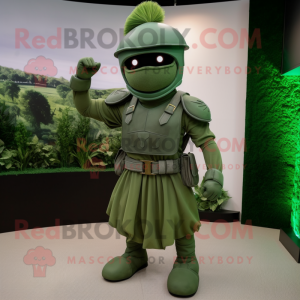 Olive Spartan Soldier mascot costume character dressed with a Pleated Skirt and Lapel pins