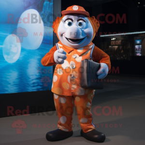 Rust Clown Fish mascot costume character dressed with a Button-Up Shirt and Coin purses