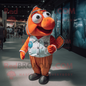 Rust Clown Fish mascot costume character dressed with a Button-Up Shirt and Coin purses