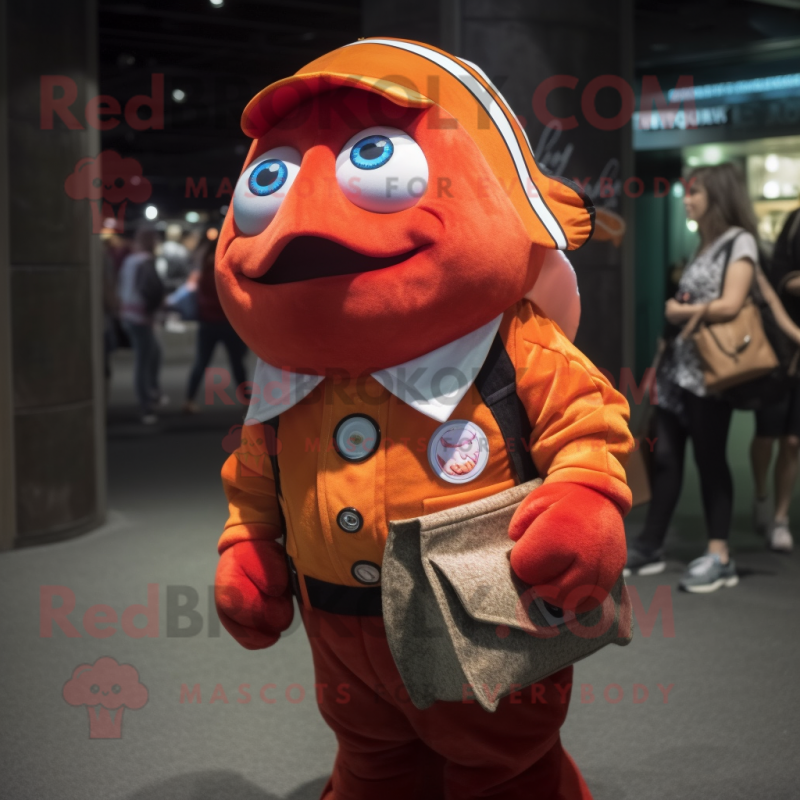 Rust Clown Fish mascot costume character dressed with a Button-Up Shirt and Coin purses