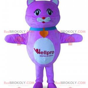 Mascote gato roxo e branco, fantasia de gato rosa -