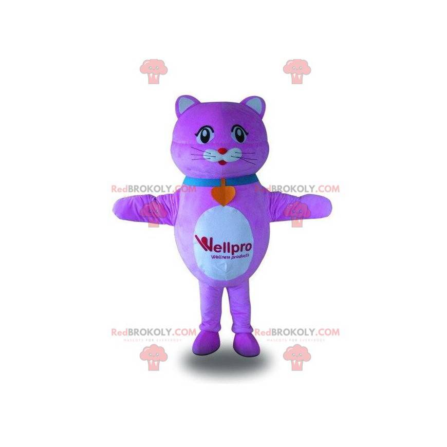 Mascote gato roxo e branco, fantasia de gato rosa -