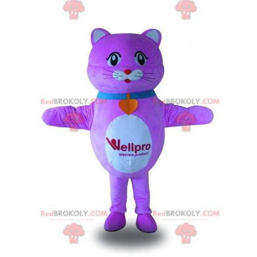 Mascote gato roxo e branco, fantasia de gato rosa -