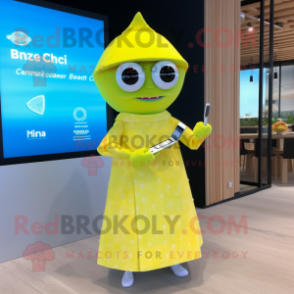 Lemon Yellow Ceviche mascot costume character dressed with a Cocktail Dress and Digital watches